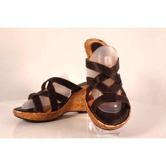 Born women's Brown Leather Cork Wedge Sandals Open Toe Strappy Design Size 8 M/W - Picture 7 of 10